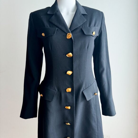 Vintage Holt Renfrew Pure New Wool Black Gold Button Office Dress 4 - Picture 3 of 6